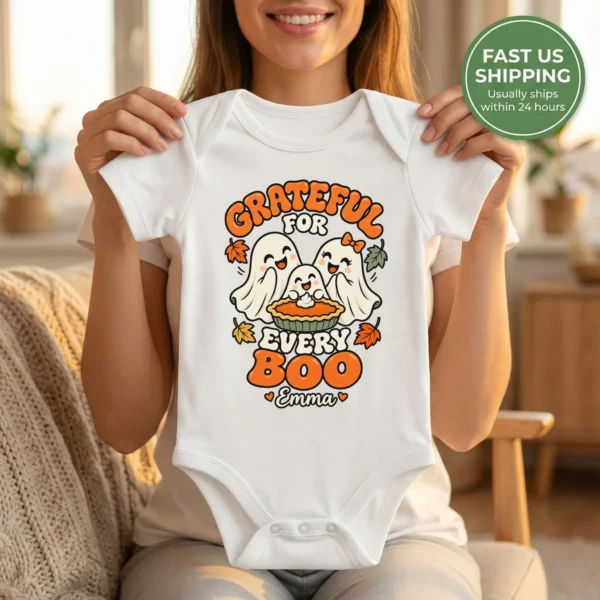 Personalized Thanksgiving Ghost Shirt, Baby Bodysuit & Kids Tee — baby bodysuit mockup personalized Thanksgiving ghost shirt baby bodysuit mockup view