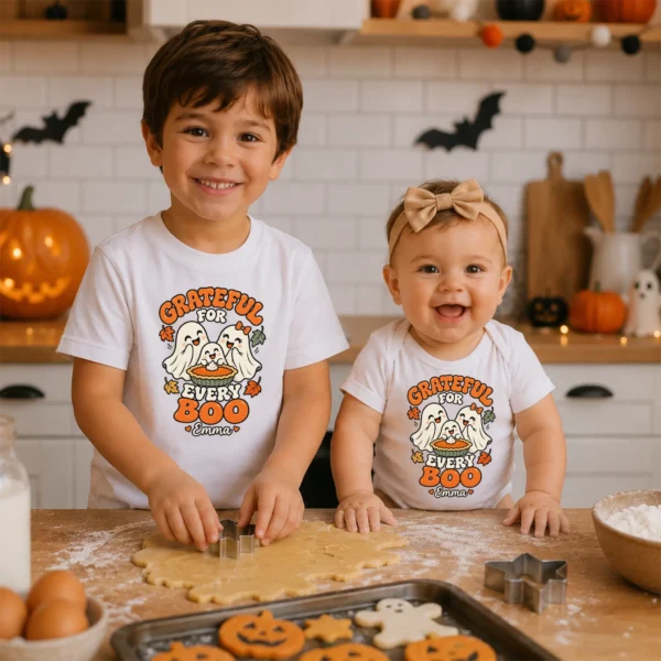 Personalized Thanksgiving Ghost Shirt, Baby Bodysuit & Kids Tee — sibling matching set mockup personalized Thanksgiving ghost shirt baby bodysuit product photo