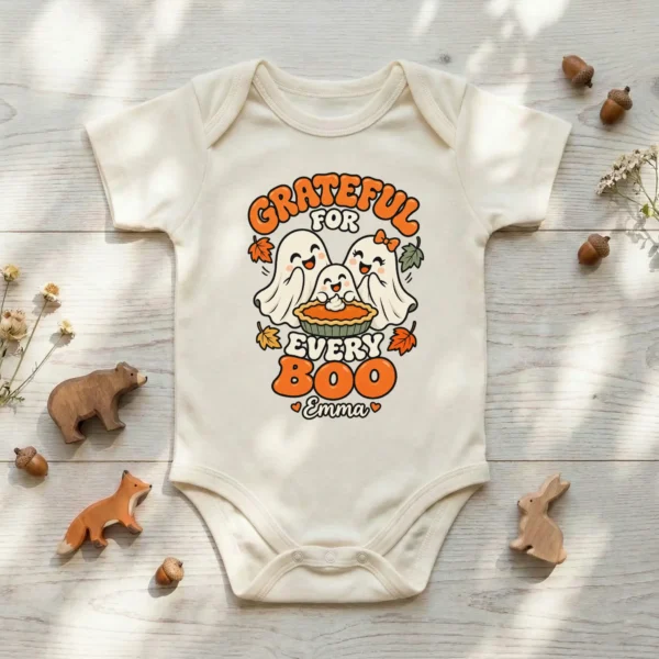 Personalized Thanksgiving Ghost Shirt, Baby Bodysuit & Kids Tee — baby bodysuit mockup personalized Thanksgiving ghost shirt baby bodysuit close-up detail