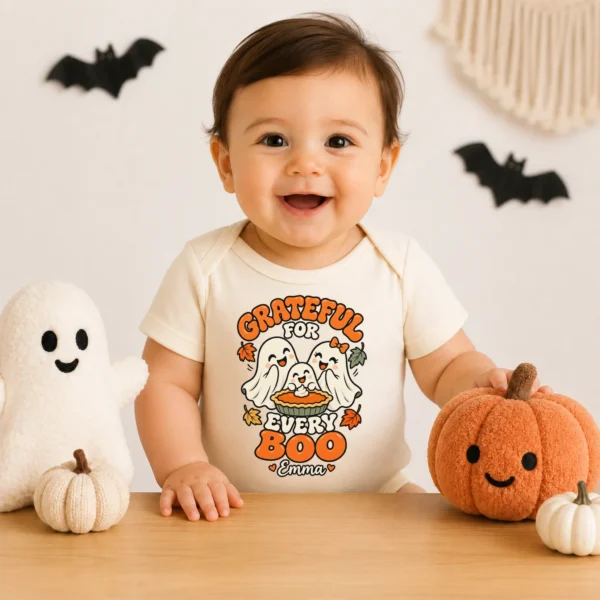 Personalized Thanksgiving Ghost Shirt, Baby Bodysuit & Kids Tee — baby bodysuit mockup personalized Thanksgiving ghost shirt baby bodysuit front view