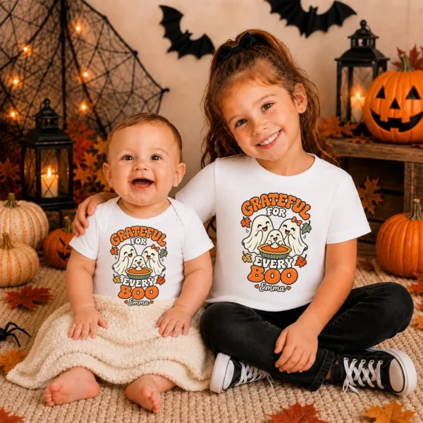 Personalized Thanksgiving Ghost Shirt, Baby Bodysuit & Kids Tee — baby bodysuit mockup personalized Thanksgiving ghost shirt baby bodysuit product photo