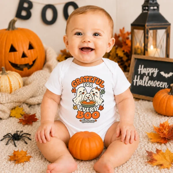 Personalized Thanksgiving Ghost Shirt, Baby Bodysuit & Kids Tee — baby bodysuit mockup personalized Thanksgiving ghost shirt baby bodysuit product photo