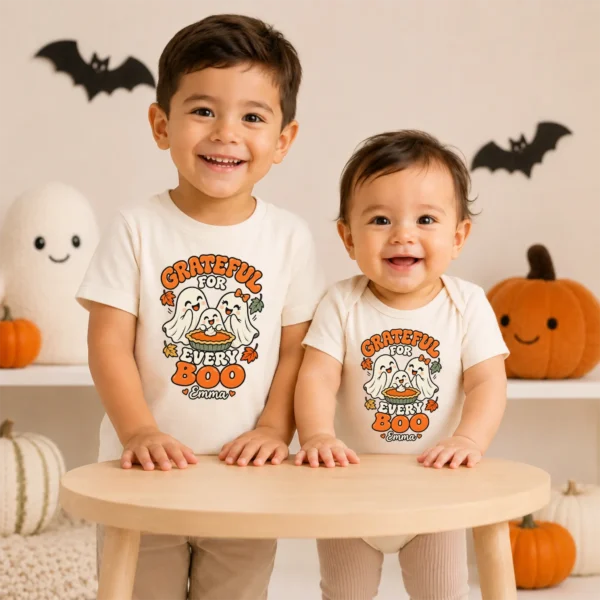 Personalized Thanksgiving Ghost Shirt, Baby Bodysuit & Kids Tee — baby bodysuit mockup personalized Thanksgiving ghost shirt baby bodysuit product photo