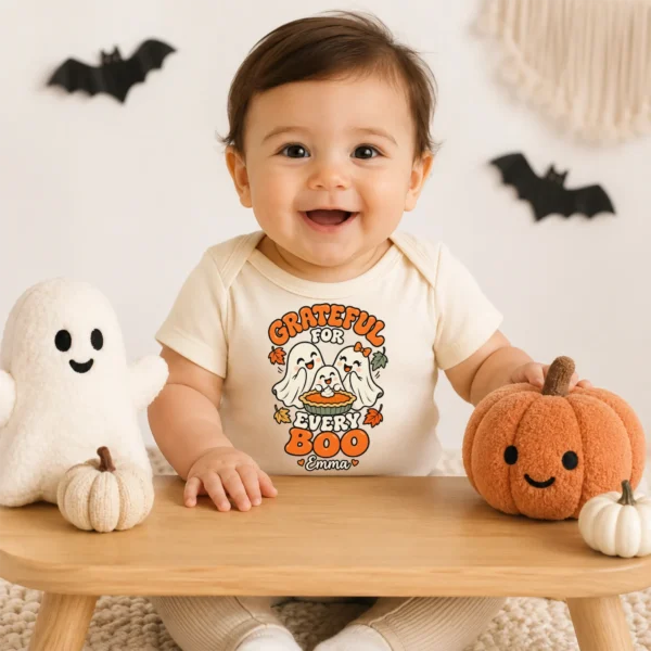 Personalized Thanksgiving Ghost Shirt, Baby Bodysuit & Kids Tee — baby bodysuit mockup personalized Thanksgiving ghost shirt baby bodysuit product photo
