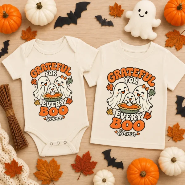 personalized Thanksgiving ghost shirt baby bodysuit flat lay view
