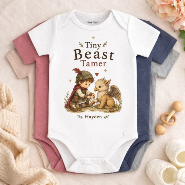 Personalized Tiny Beast Tamer, Fantasy Baby Bodysuit or Toddler Shirt — baby bodysuit mockup personalized tiny beast tamer baby bodysuit color options