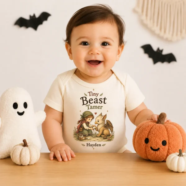 Personalized Tiny Beast Tamer, Fantasy Baby Bodysuit or Toddler Shirt — baby bodysuit mockup personalized tiny beast tamer baby bodysuit product photo