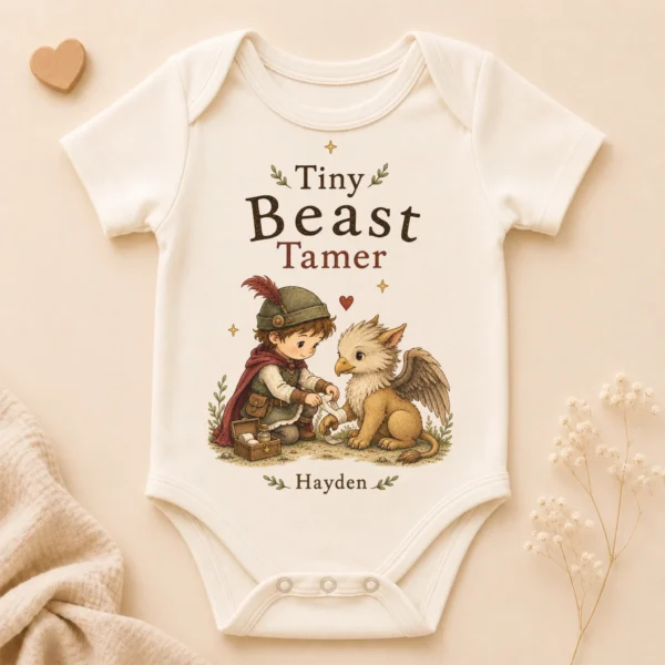 Personalized Tiny Beast Tamer, Fantasy Baby Bodysuit or Toddler Shirt — alternate product mockup personalized tiny beast tamer baby bodysuit alternate angle