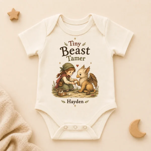 Personalized Tiny Beast Tamer, Fantasy Baby Bodysuit or Toddler Shirt — alternate product mockup personalized tiny beast tamer baby bodysuit product photo
