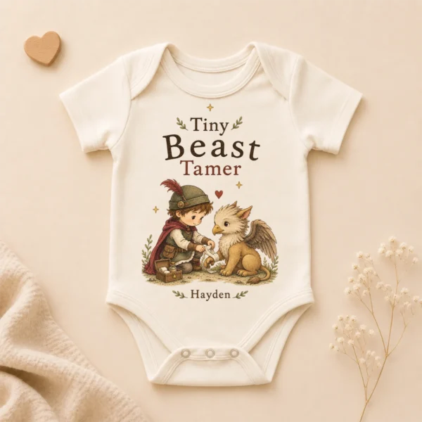 Personalized Tiny Beast Tamer, Fantasy Baby Bodysuit or Toddler Shirt — alternate product mockup personalized tiny beast tamer baby bodysuit product photo