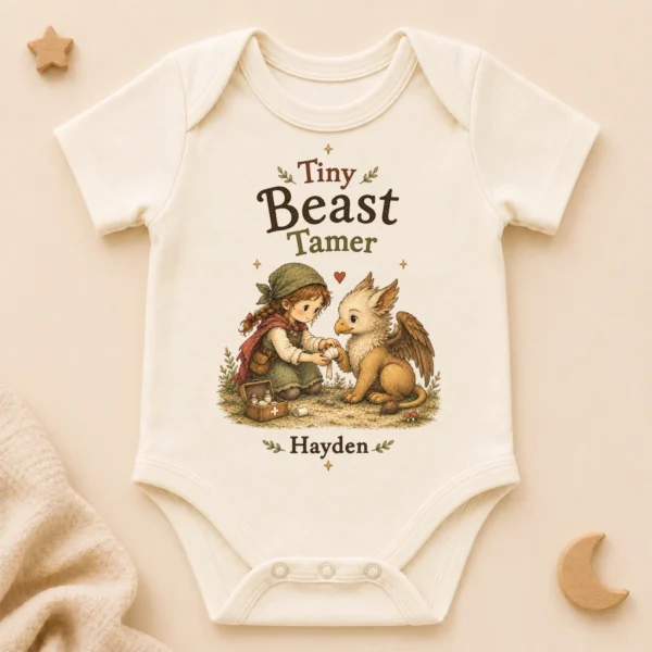 Personalized Tiny Beast Tamer, Fantasy Baby Bodysuit or Toddler Shirt — alternate product mockup personalized tiny beast tamer baby bodysuit product photo