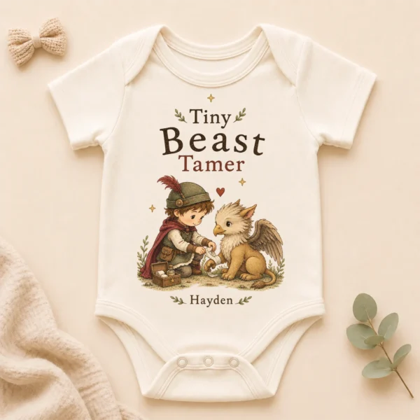 Personalized Tiny Beast Tamer, Fantasy Baby Bodysuit or Toddler Shirt — alternate product mockup personalized tiny beast tamer baby bodysuit product photo