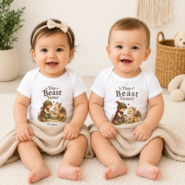 Personalized Tiny Beast Tamer, Fantasy Baby Bodysuit or Toddler Shirt — baby bodysuit mockup personalized tiny beast tamer baby bodysuit model mockup