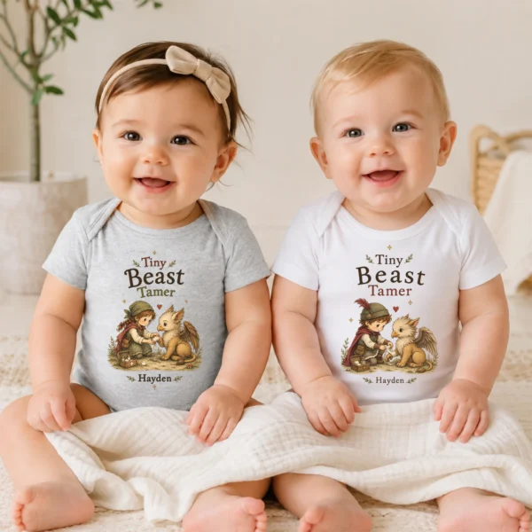 Personalized Tiny Beast Tamer, Fantasy Baby Bodysuit or Toddler Shirt — baby bodysuit mockup personalized tiny beast tamer baby bodysuit model mockup