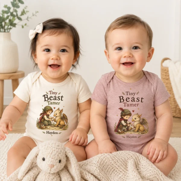 Personalized Tiny Beast Tamer, Fantasy Baby Bodysuit or Toddler Shirt — baby bodysuit mockup personalized tiny beast tamer baby bodysuit model mockup