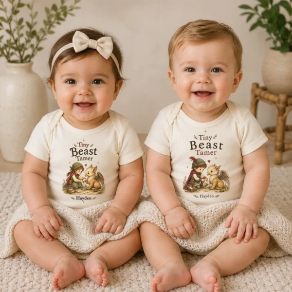Personalized Tiny Beast Tamer, Fantasy Baby Bodysuit or Toddler Shirt — baby bodysuit mockup personalized tiny beast tamer baby bodysuit model mockup