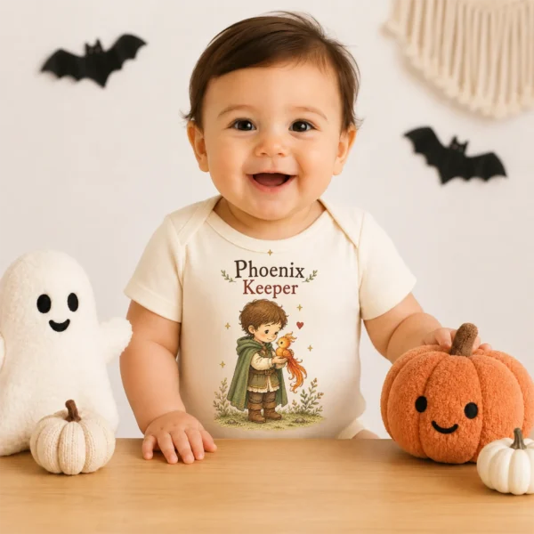 Phoenix Keeper Baby Bodysuit or Toddler Shirt, Storybook Fantasy — baby bodysuit mockup phoenix keeper baby bodysuit product photo
