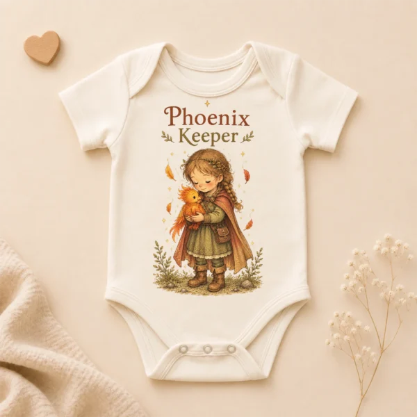 Phoenix Keeper Baby Bodysuit or Toddler Shirt, Storybook Fantasy — product mockup phoenix keeper baby bodysuit lifestyle scene