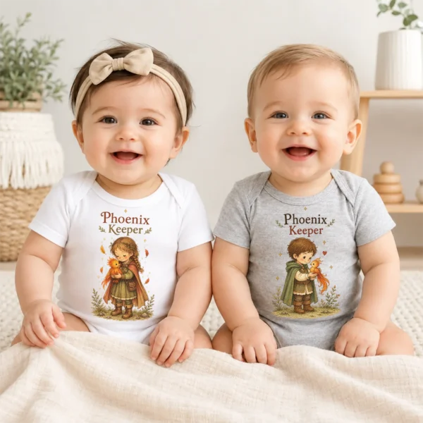 Phoenix Keeper Baby Bodysuit or Toddler Shirt, Storybook Fantasy — baby bodysuit mockup phoenix keeper baby bodysuit model mockup