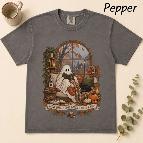 Halloween Rainy Days • Good Books • Quiet Ghosts Shirt — alternate product mockup rainy days • good books • quiet ghosts shirt t-shirt flat lay view
