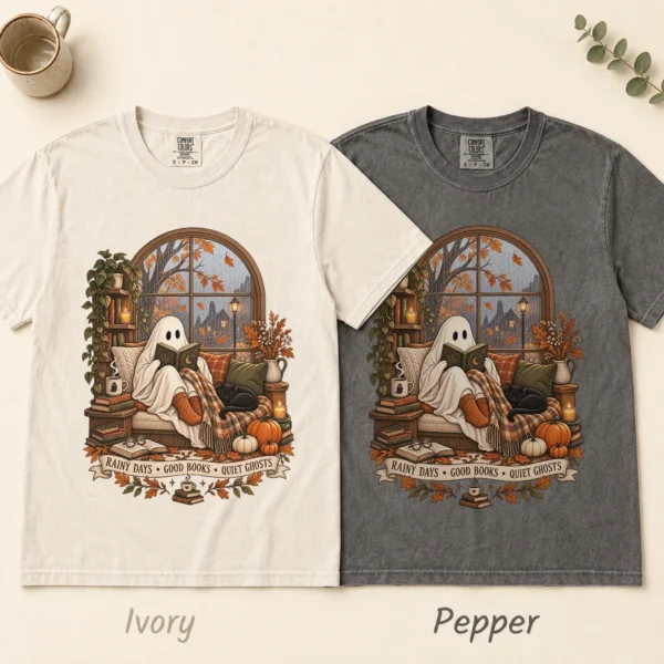 Halloween Rainy Days • Good Books • Quiet Ghosts Shirt — alternate product mockup rainy days • good books • quiet ghosts shirt t-shirt color options