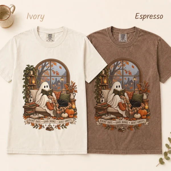 Halloween Rainy Days • Good Books • Quiet Ghosts Shirt — alternate product mockup rainy days • good books • quiet ghosts shirt t-shirt color options