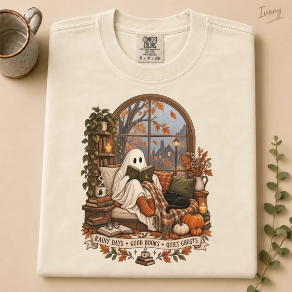 Halloween Rainy Days • Good Books • Quiet Ghosts Shirt — alternate product mockup rainy days • good books • quiet ghosts shirt t-shirt product photo