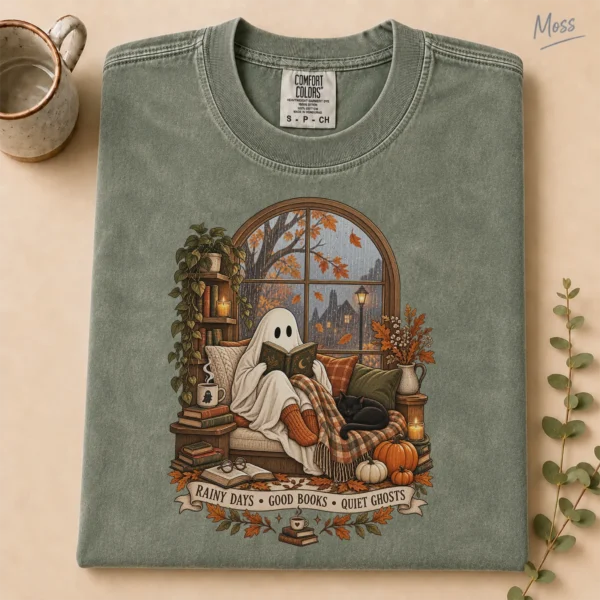 Halloween Rainy Days • Good Books • Quiet Ghosts Shirt — alternate product mockup rainy days • good books • quiet ghosts shirt t-shirt product photo