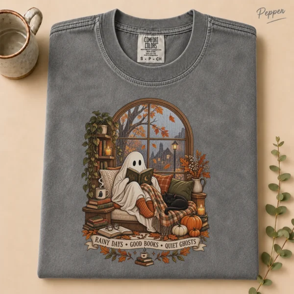 Halloween Rainy Days • Good Books • Quiet Ghosts Shirt — alternate product mockup rainy days • good books • quiet ghosts shirt t-shirt product photo