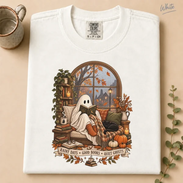 Halloween Rainy Days • Good Books • Quiet Ghosts Shirt — alternate product mockup rainy days • good books • quiet ghosts shirt t-shirt product photo