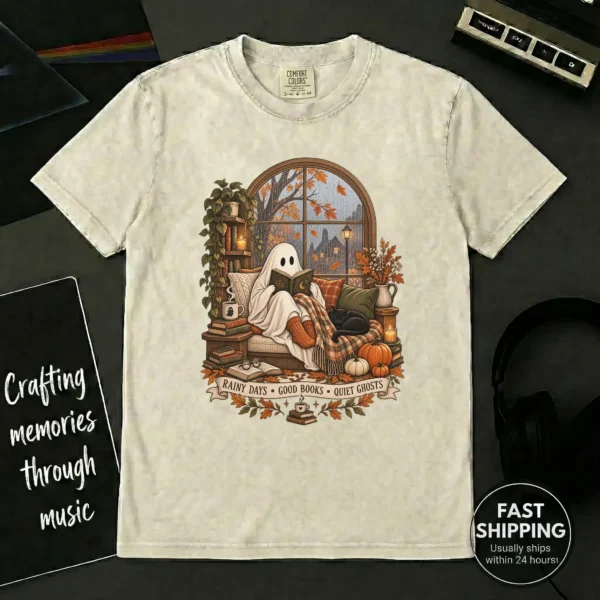 Halloween Rainy Days • Good Books • Quiet Ghosts Shirt — alternate product mockup rainy days • good books • quiet ghosts shirt t-shirt product detail