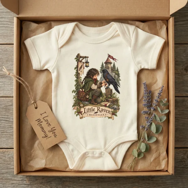 Raven Messenger or Little Raven Messenger Shirt or Baby Bodysuit — baby bodysuit mockup raven messenger baby bodysuit alternate angle