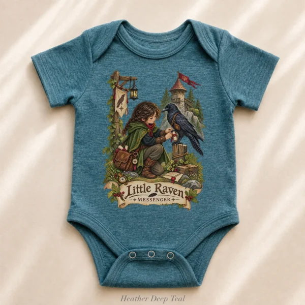 Raven Messenger or Little Raven Messenger Shirt or Baby Bodysuit — alternate product mockup raven messenger baby bodysuit lifestyle scene