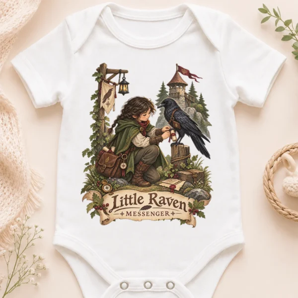 Raven Messenger or Little Raven Messenger Shirt or Baby Bodysuit — baby bodysuit mockup raven messenger baby bodysuit close-up detail