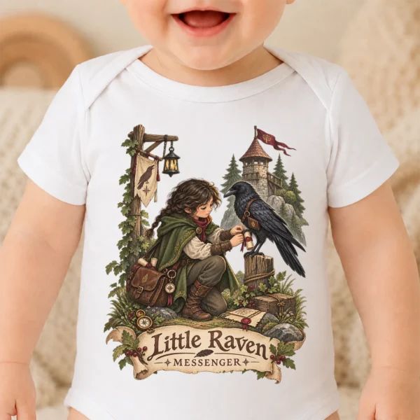 Raven Messenger or Little Raven Messenger Shirt or Baby Bodysuit — baby bodysuit mockup raven messenger baby bodysuit close-up detail
