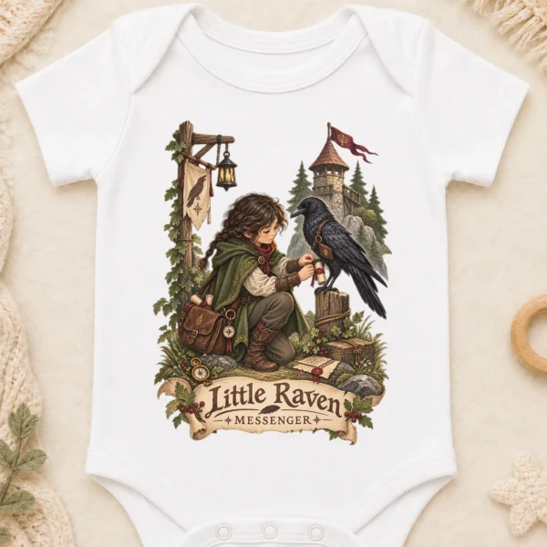 Raven Messenger or Little Raven Messenger Shirt or Baby Bodysuit — baby bodysuit mockup raven messenger baby bodysuit close-up detail