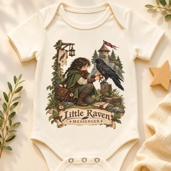 Raven Messenger or Little Raven Messenger Shirt or Baby Bodysuit — baby bodysuit mockup raven messenger baby bodysuit close-up detail
