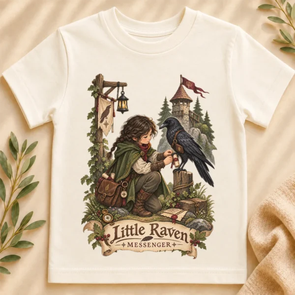 Raven Messenger or Little Raven Messenger Shirt or Baby Bodysuit — toddler shirt mockup raven messenger baby bodysuit close-up detail