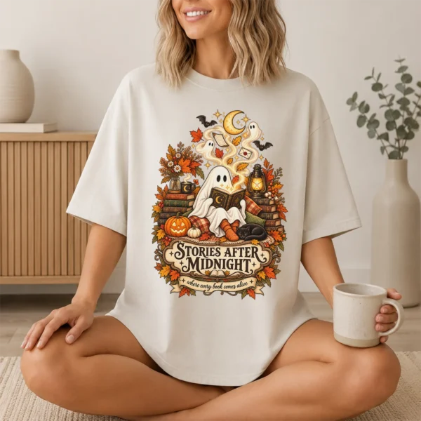 Stories After Midnight Ghost, Magical Halloween Book Lover — lifestyle mockup ghost reading book shirt t-shirt lifestyle scene