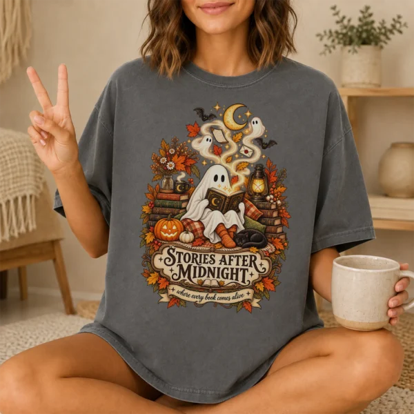 Stories After Midnight Ghost, Magical Halloween Book Lover — lifestyle mockup ghost reading book shirt t-shirt lifestyle scene