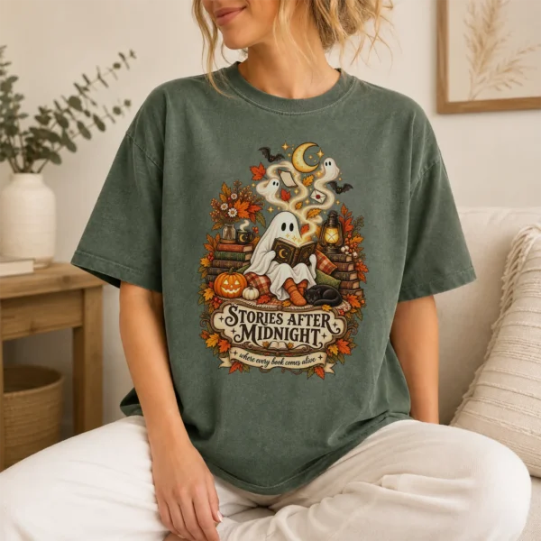 Stories After Midnight Ghost, Magical Halloween Book Lover — lifestyle mockup ghost reading book shirt t-shirt lifestyle scene