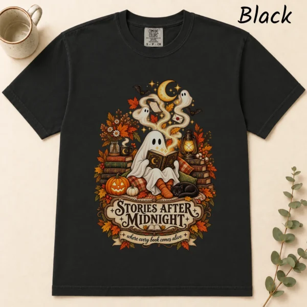 Stories After Midnight Ghost, Magical Halloween Book Lover — alternate product mockup ghost reading book shirt t-shirt flat lay view