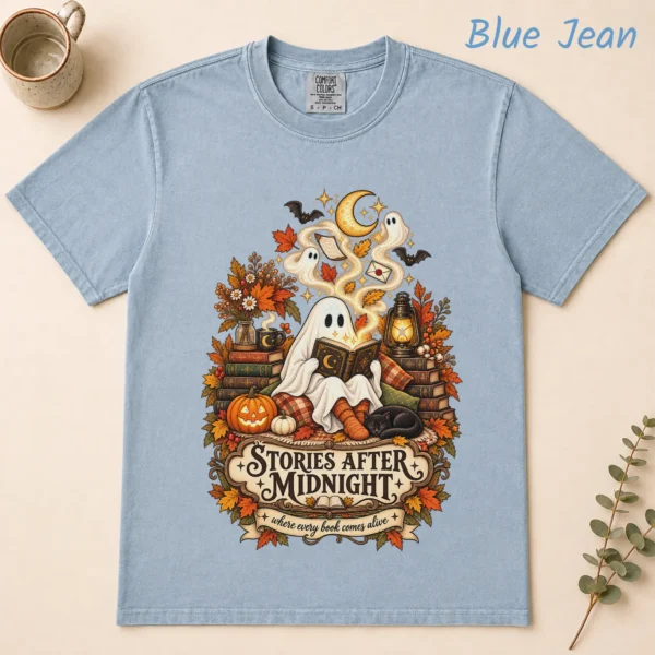 Stories After Midnight Ghost, Magical Halloween Book Lover — alternate product mockup ghost reading book shirt t-shirt flat lay view
