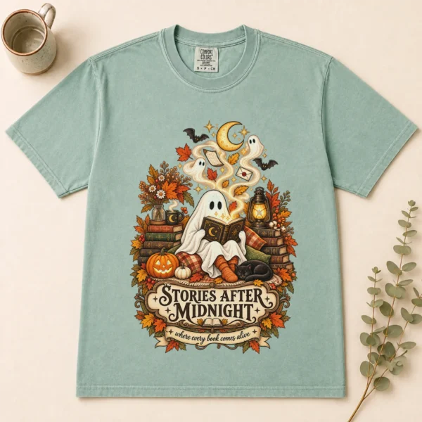 Stories After Midnight Ghost, Magical Halloween Book Lover — alternate product mockup ghost reading book shirt t-shirt flat lay view