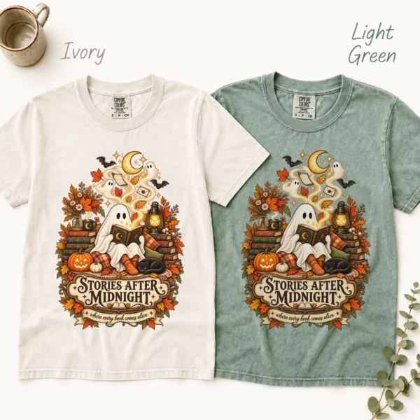 Stories After Midnight Ghost, Magical Halloween Book Lover — alternate product mockup ghost reading book shirt t-shirt color options