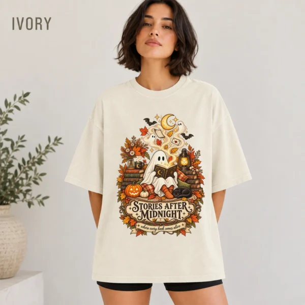 Stories After Midnight Ghost, Magical Halloween Book Lover — alternate product mockup ghost reading book shirt t-shirt color options