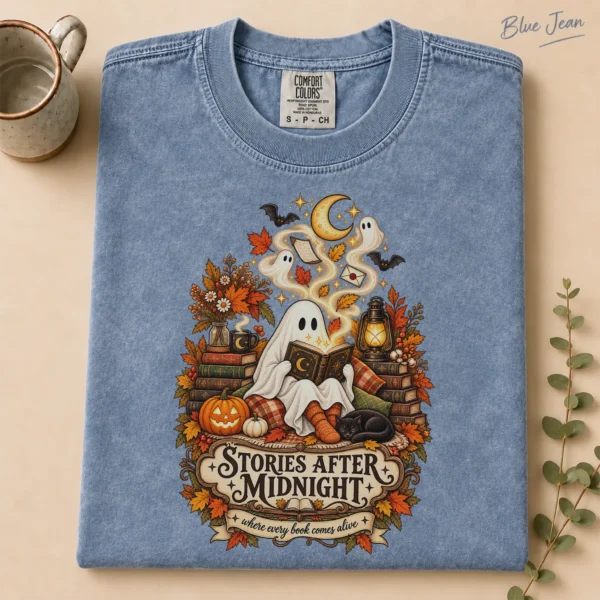 Stories After Midnight Ghost, Magical Halloween Book Lover — alternate product mockup ghost reading book shirt t-shirt product photo