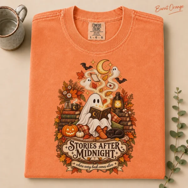 Stories After Midnight Ghost, Magical Halloween Book Lover — alternate product mockup ghost reading book shirt t-shirt product photo