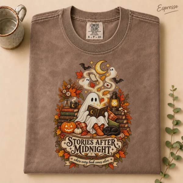 Stories After Midnight Ghost, Magical Halloween Book Lover — alternate product mockup ghost reading book shirt t-shirt product photo