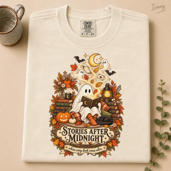 Stories After Midnight Ghost, Magical Halloween Book Lover — alternate product mockup ghost reading book shirt t-shirt product photo
